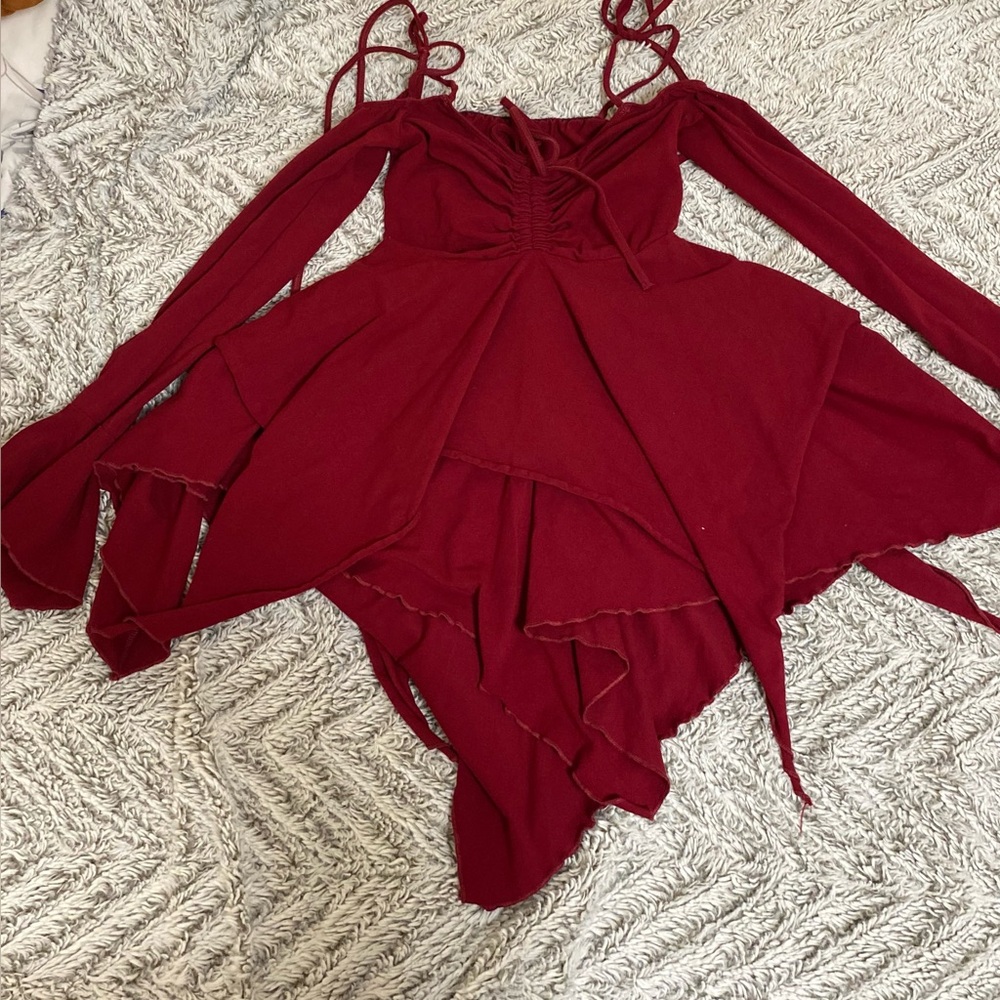 Red Off-Shoulder Bohemian Dress with Flare Sleeves/ Adjustable Shoulder Strips